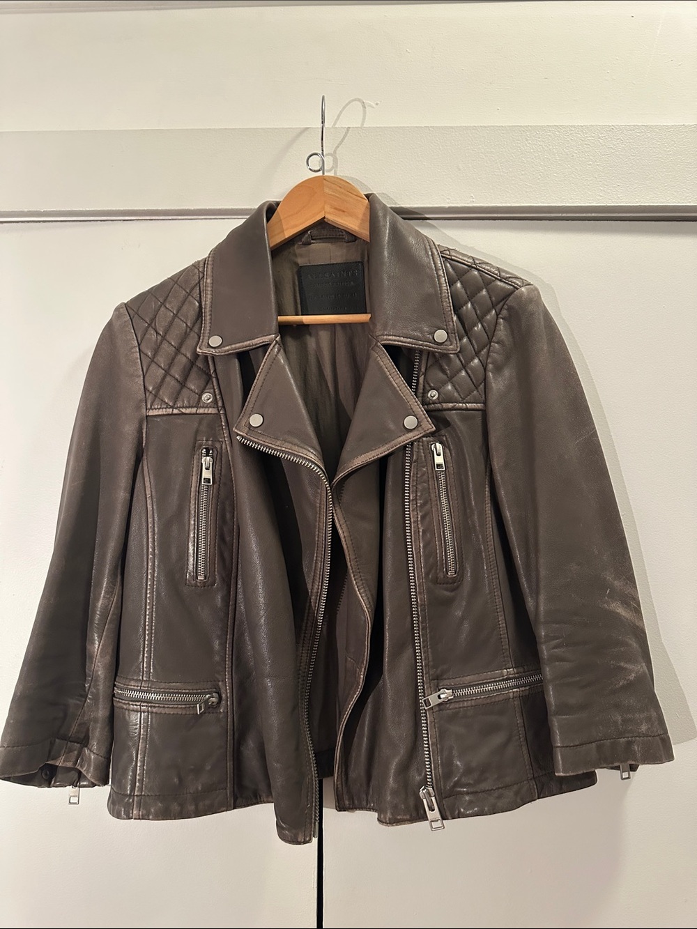 AllSaints Quilted-Shoulder Brown Leather Moto Jacket